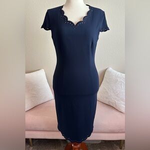 Escada Navy Blue Lux Wool Midi Sheath Dress Women’s Size 38 / US 8 Eyelet Trim